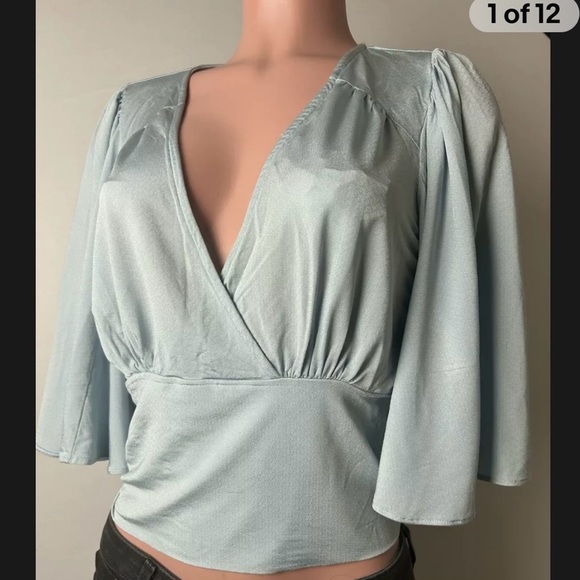 Anthropologie Blue Bell Sleeve Wrap Blouse - Picture 6 of 12